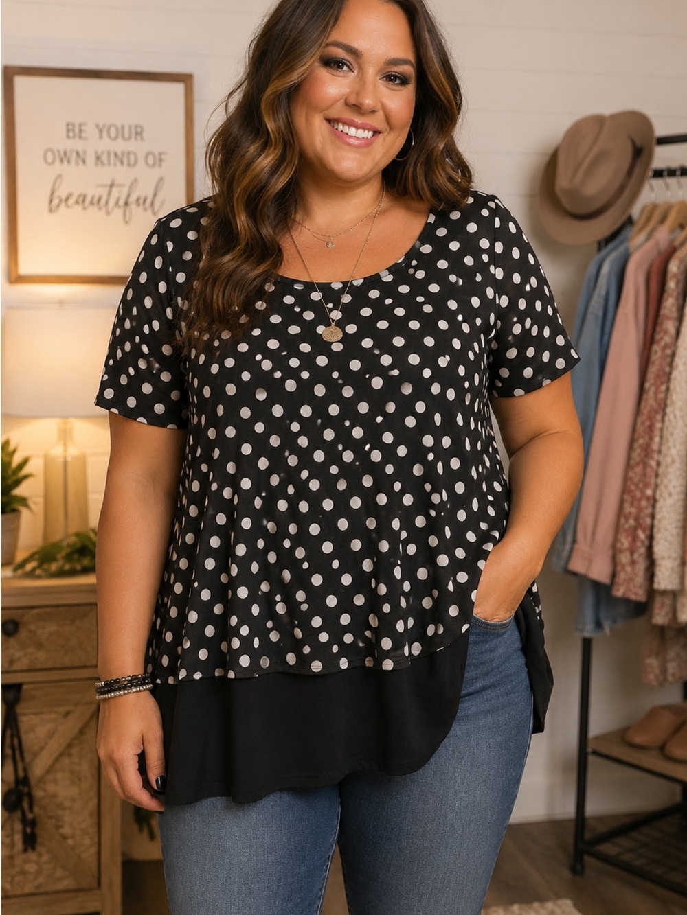 Plus Size Black Polka Dot Short Sleeve Layered Top